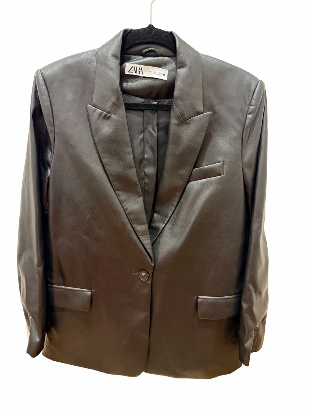 Zara Black Faux Leather Blazer Jacket with Notched Lapel
